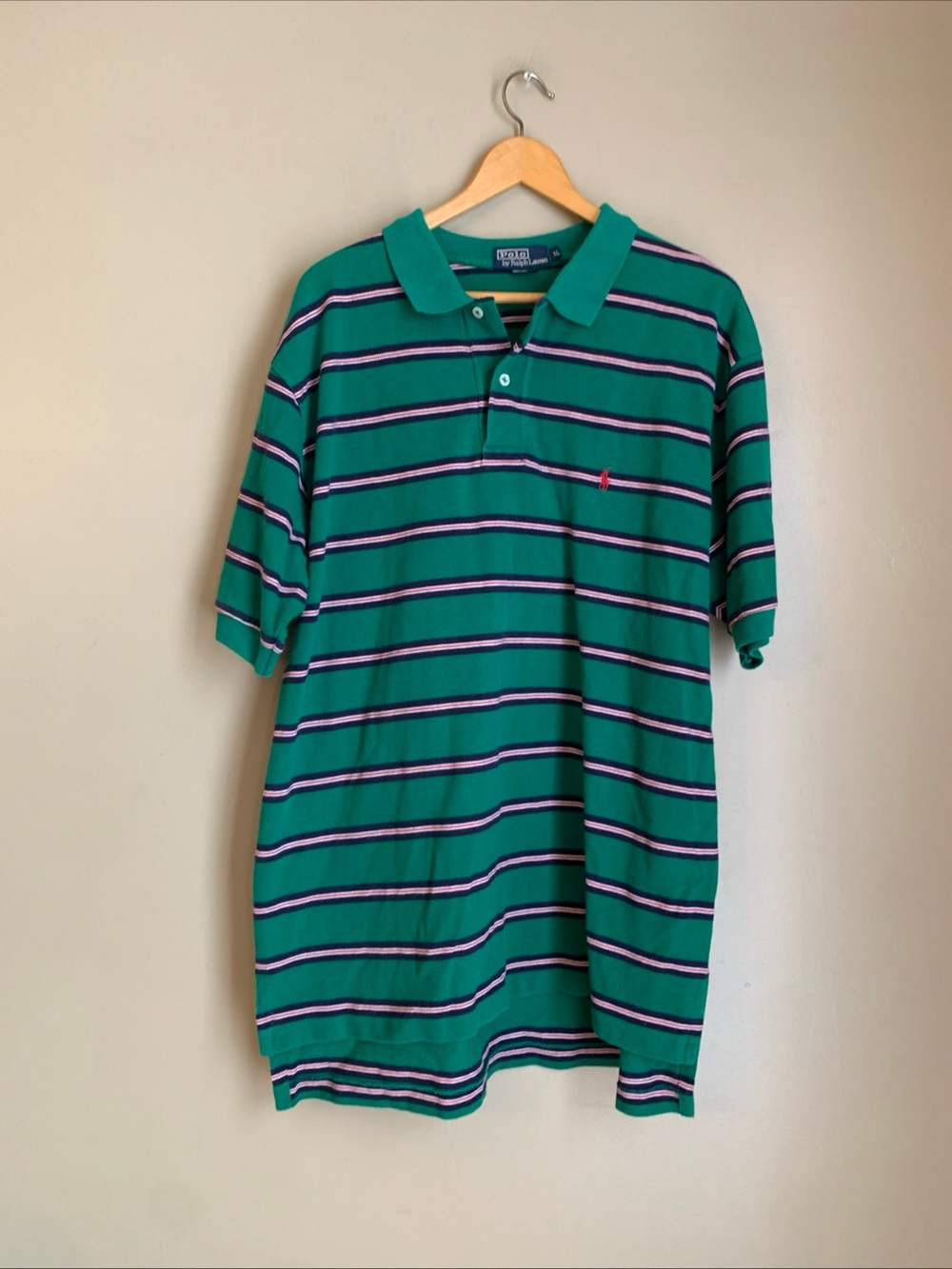 Polo Ralph Lauren Men's Polo Shirt Green Blue Stripe XL 90’s